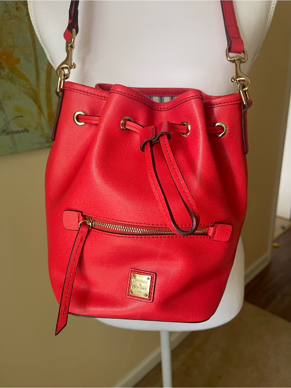 Dooney & Bourke Red Leather Drawstring Crossbody Bucket Bag